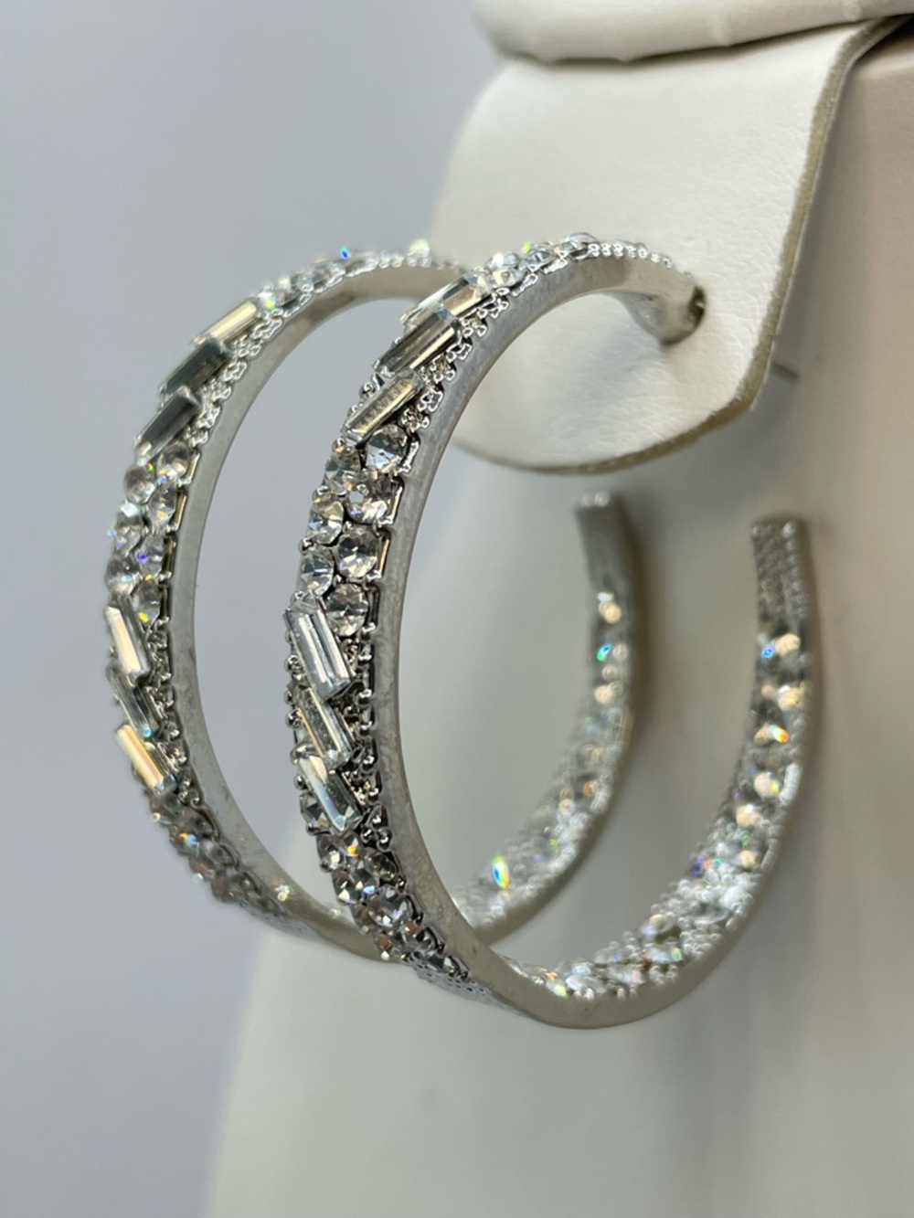 Silver Tone Crystal Hoop Earrings Baguette Round CZ Sparkly Statement
